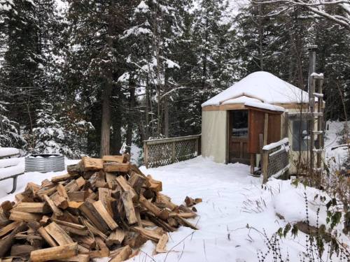 A snowy scene featuring a yurt surrounded by trees, with a pile of firewood in the foreground.