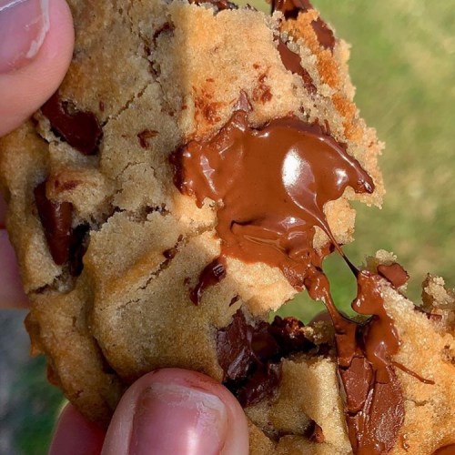 A close-up of a hand holding a freshly baked cookie with melted chocolate oozing from the center.