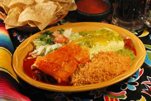 A colorful plate featuring enchiladas, rice, lettuce, tomatoes, and tortilla chips, with salsa in the background.