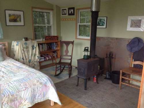 Cozy room with a bed, wooden chairs, a small stove, and bookshelves, featuring green walls and natural light.