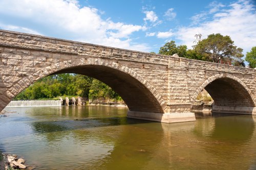 A stone arch bridge spans a calm river, with a waterfall and trees in the background under a blue sky.