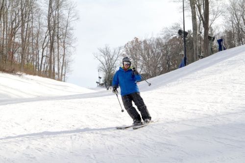 A skier in a blue jacket navigates down a snowy slope surrounded by trees.
