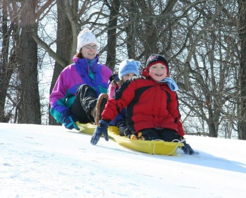 A woman and two children joyfully sledding down a snowy hill, surrounded by trees on a bright winter day.