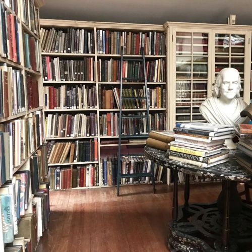 A cozy library with tall bookshelves, a ladder, a bust, and a table stacked with books on a wooden floor.
