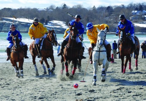 A beach polo match with players in colorful jerseys riding horses and hitting a ball on the sand.