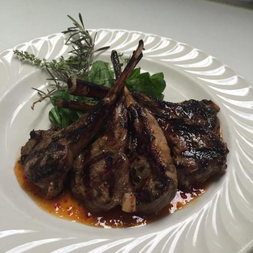Grilled lamb chops arranged on a white plate, garnished with fresh herbs and spinach.