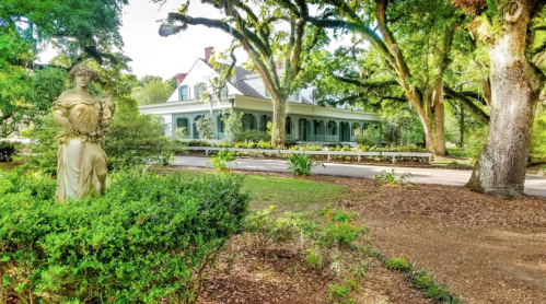 A charming house surrounded by lush greenery and trees, with a statue in the foreground.