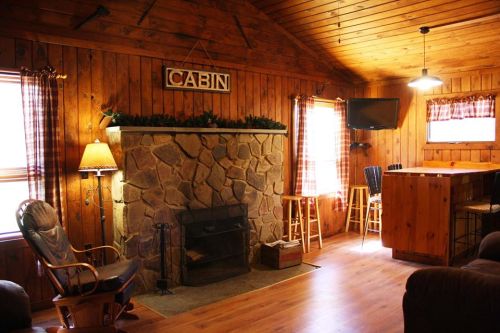 Cozy cabin interior with wooden walls, stone fireplace, and rustic decor, featuring a bar and comfortable seating.