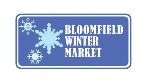 Sign for the Bloomfield Winter Market featuring snowflakes and a blue background.
