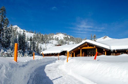 A snow-covered path leads to a wooden lodge surrounded by tall trees and mountains under a clear blue sky.