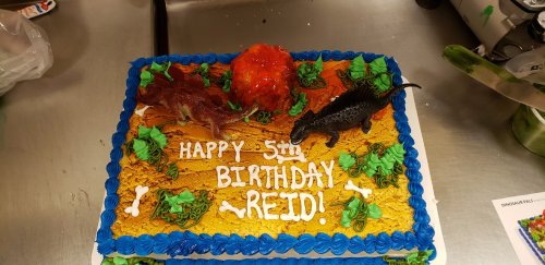 A colorful birthday cake with dinosaur decorations, featuring "Happy 5th Birthday Reid!" written in white icing.