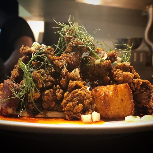 A plate of crispy fried chicken pieces topped with herbs, served with golden-brown cubes and a drizzle of sauce.