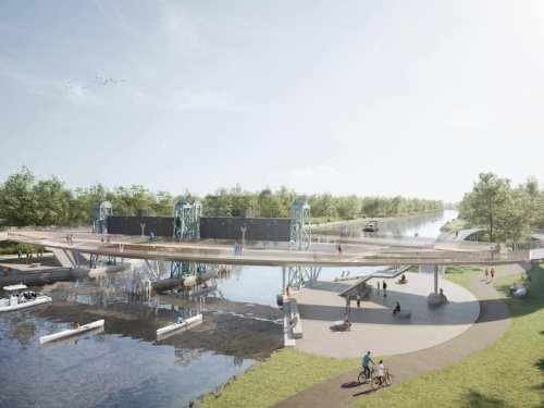 A modern bridge over a river, with people walking, biking, and boats nearby, surrounded by greenery and blue skies.