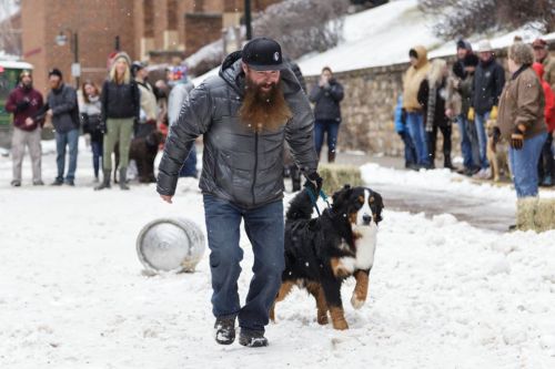A man with a long beard walks a large dog through a snowy area, surrounded by onlookers in winter attire.