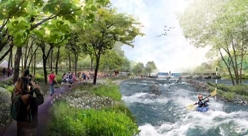 A vibrant riverside scene with people enjoying nature, kayaking, and a crowd gathered near a waterway surrounded by greenery.