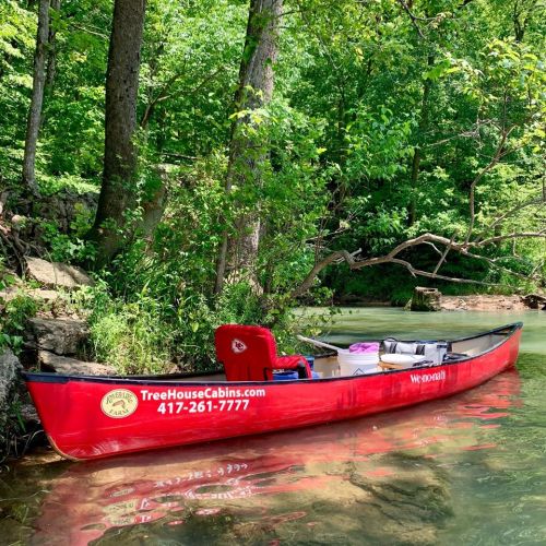 A red canoe is docked by a lush green riverbank surrounded by trees, with a website and phone number visible on the side.