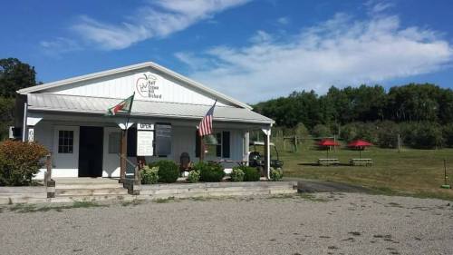 A quaint farm stand with a sign, flags, and picnic tables in a grassy area under a blue sky with scattered clouds.