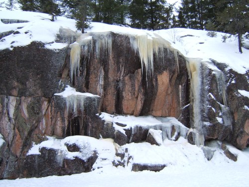 Icicles hang from a rocky cliff, surrounded by snow and evergreen trees in a winter landscape.