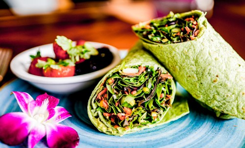 A vibrant plate featuring two green wraps filled with fresh vegetables, accompanied by a small bowl of salad and a flower.