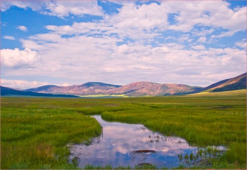 A serene landscape featuring a grassy meadow, a reflective stream, and distant mountains under a blue sky with clouds.