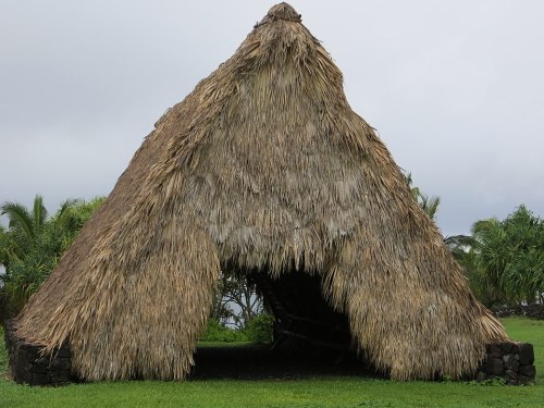 A traditional thatched hut with a steep roof, set in a lush green landscape under a cloudy sky.