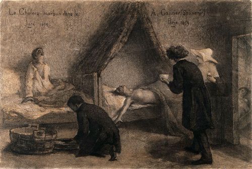 A historical scene depicting a cholera patient in bed, with caregivers attending to them in a dimly lit room.