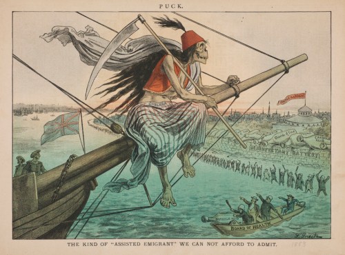 A grim figure with a scythe sits on a ship, overlooking a crowd, symbolizing immigration concerns in a satirical cartoon.