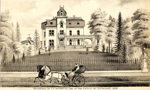 Illustration of a grand Victorian house with a horse-drawn carriage in front, labeled as T.J. Beckwith's residence in Cleveland.