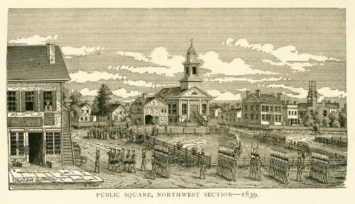 Historic illustration of a public square in 1839, featuring buildings and a gathering of soldiers.