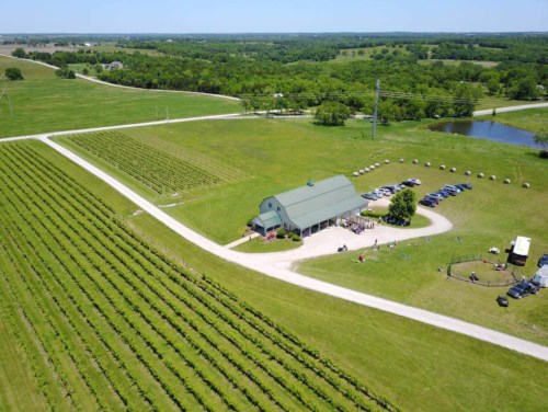 Aerial view of a vineyard with a green barn, parking area, and lush fields under a clear blue sky.