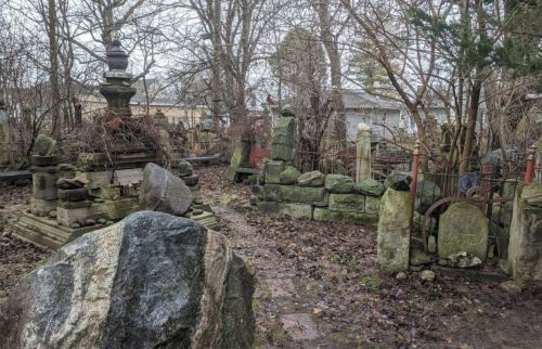 A weathered graveyard with moss-covered stones, overgrown plants, and a rocky path surrounded by trees.