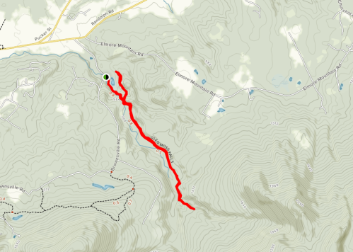 Map showing a red highlighted route along Elmore Mountain Road, with contour lines and nearby roads.