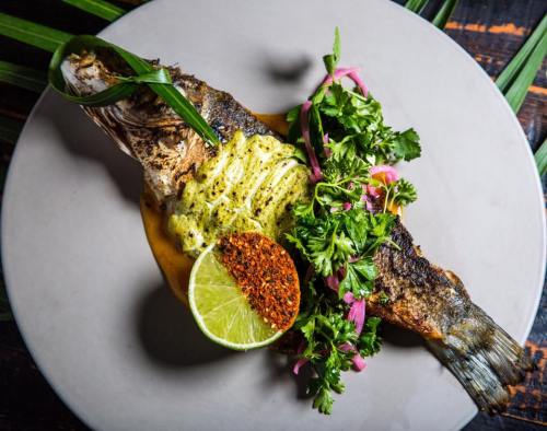 Grilled fish garnished with herbs, lime, and colorful toppings on a round plate, set on a wooden table.