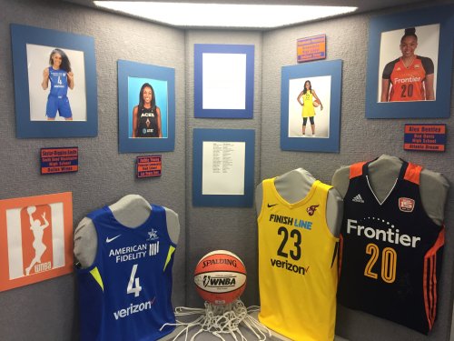 Display featuring WNBA jerseys, a basketball, and framed player photos on a gray background.