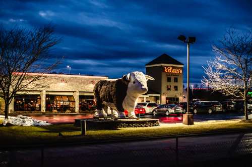 A large cow statue stands in front of Kelsey's restaurant, illuminated by evening lights under a cloudy sky.