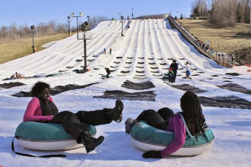Two people sit on snow tubes at a snow tubing hill, with others sliding down in the background on a sunny day.