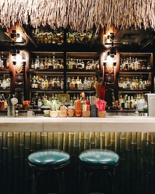 A tropical bar with a thatched roof, shelves of liquor, and colorful drinks on the counter, featuring bamboo accents.