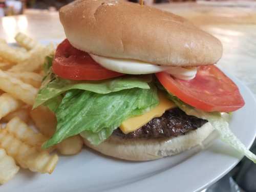 A juicy hamburger with lettuce, tomato, cheese, and mayonnaise, served with crinkle-cut fries on the side.