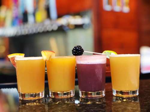 Four colorful cocktails lined up on a bar, garnished with fruit and a blackberry, against a blurred background.