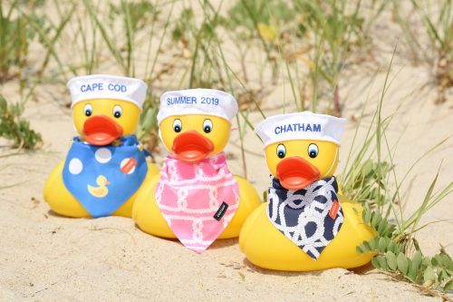 Three rubber ducks wearing hats and bandanas, labeled "Cape Cod," "Summer 2019," and "Chatham," on a sandy beach.