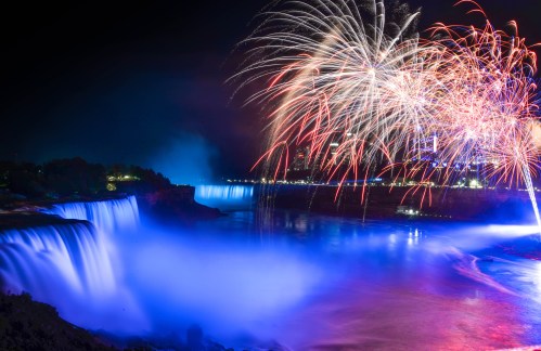 Colorful fireworks illuminate the night sky over Niagara Falls, with vibrant blue water cascading below.