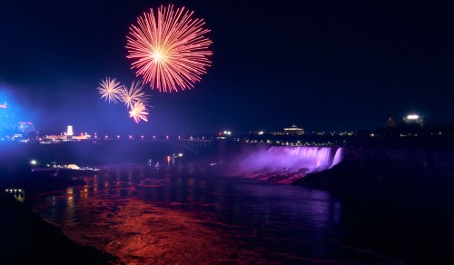 Colorful fireworks illuminate the night sky above Niagara Falls, reflecting on the water below.