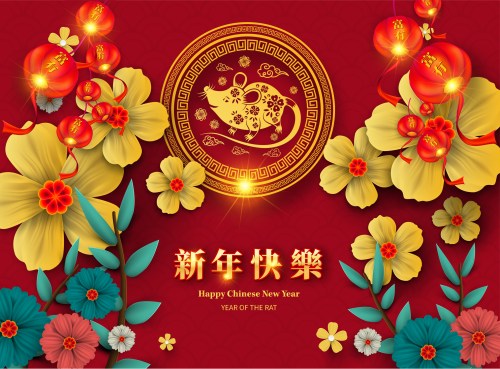 Colorful floral design with a gold rat symbol, lanterns, and "Happy Chinese New Year" text on a red background.