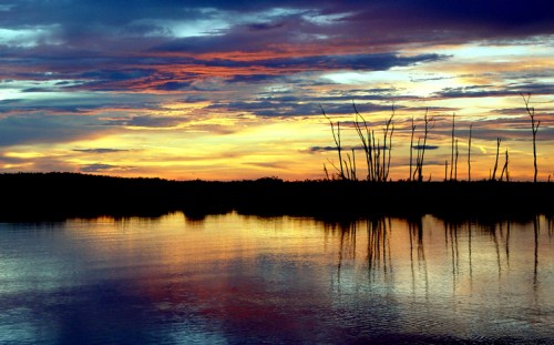A vibrant sunset over a calm river, with silhouetted trees reflecting in the water and colorful clouds above.
