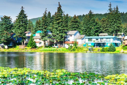 A serene lake scene with houses and lush trees reflected in the water, surrounded by lily pads.