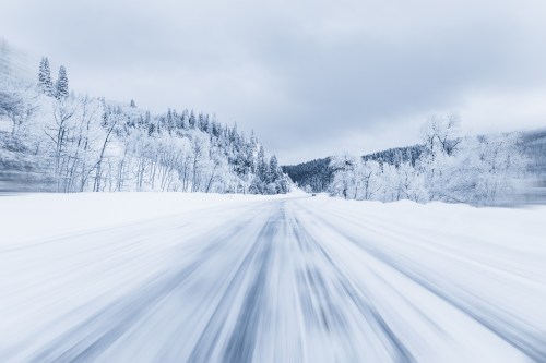 A snowy road stretches into the distance, flanked by frosted trees under a cloudy sky.