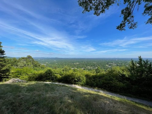 A panoramic view of a lush green landscape under a clear blue sky, with distant mountains on the horizon.
