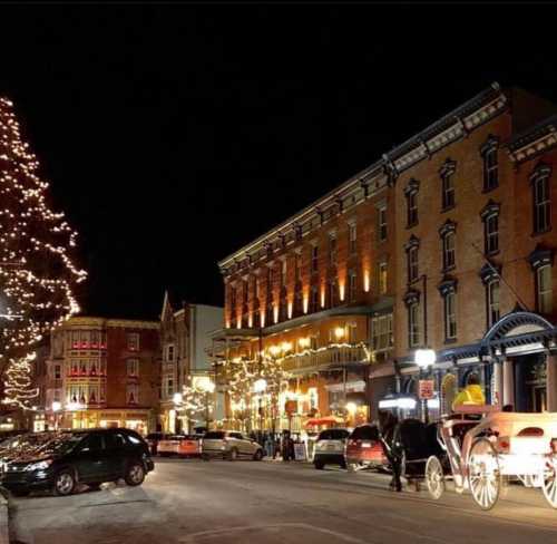 A charming street at night, lined with festive lights and a horse-drawn carriage near historic buildings.