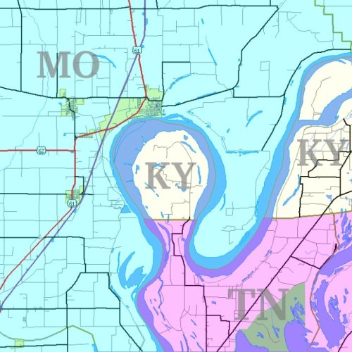 Map showing parts of Missouri, Kentucky, and Tennessee, with highlighted areas and roadways.