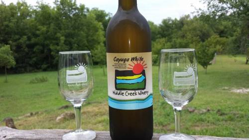 A bottle of Cayuga White wine from Middle Creek Winery, with two wine glasses on a wooden table in a green outdoor setting.